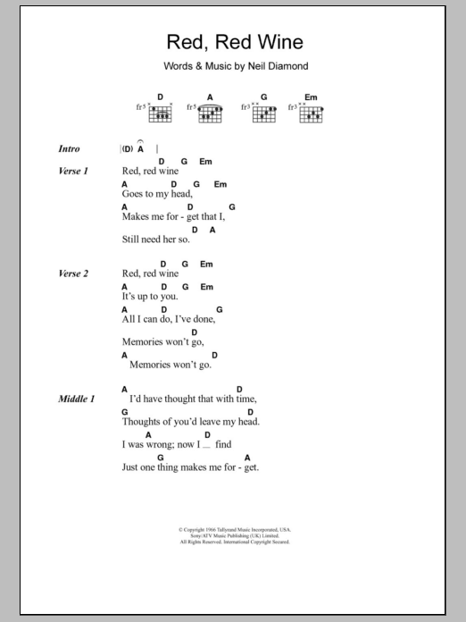 Tony Tribe Red, Red Wine Sheet Music Notes & Chords for Lyrics & Chords - Download or Print PDF