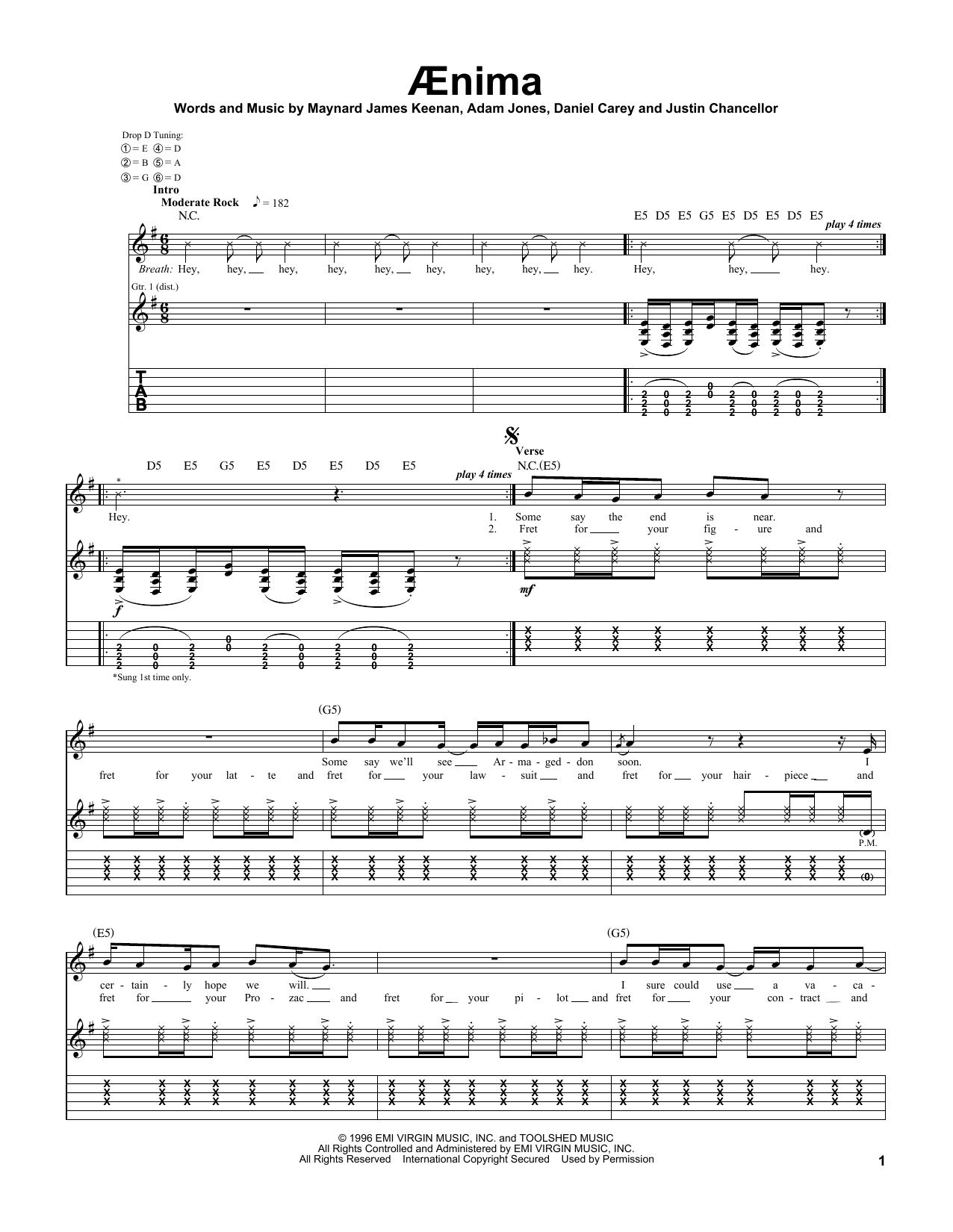 Tool Aenima Sheet Music Notes & Chords for Guitar Tab - Download or Print PDF