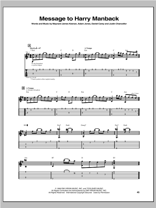 Tool Message To Harry Manback Sheet Music Notes & Chords for Guitar Tab - Download or Print PDF