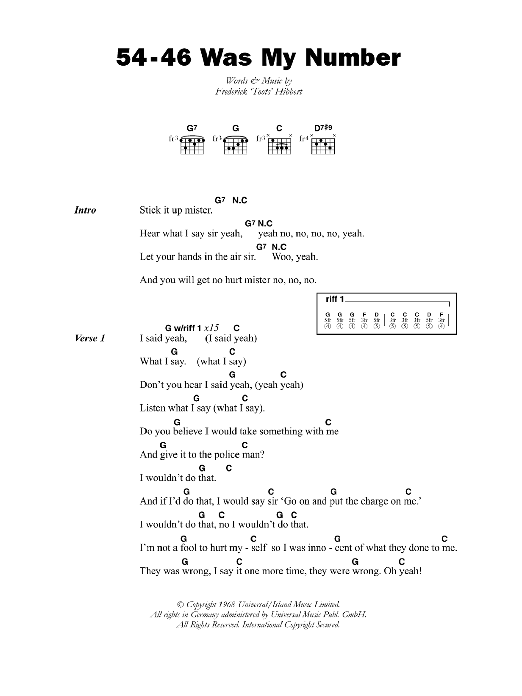 Toots & The Maytals 54-46 Was My Number Sheet Music Notes & Chords for Lyrics & Chords - Download or Print PDF