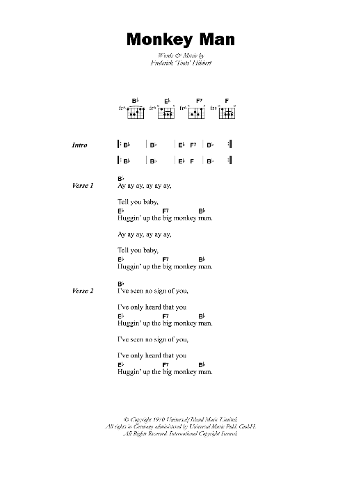 Toots & The Maytals Monkey Man Sheet Music Notes & Chords for Lyrics & Chords - Download or Print PDF