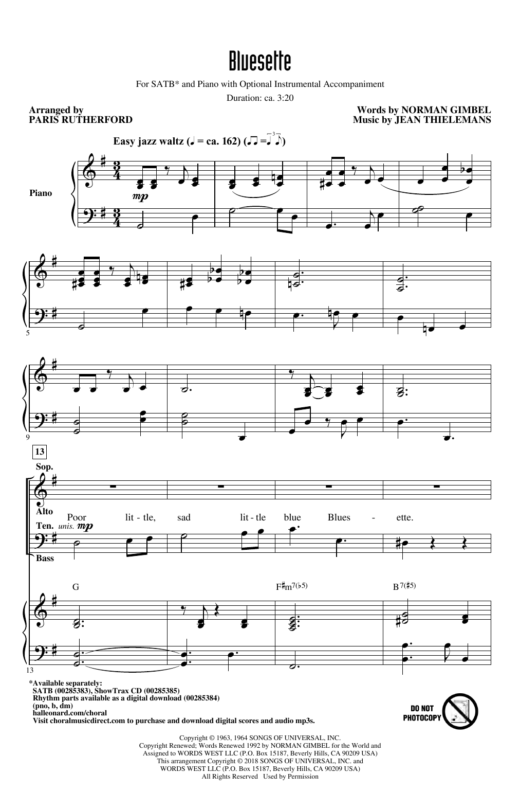 Toots Thielmans Bluesette (arr. Paris Rutherford) Sheet Music Notes & Chords for SATB - Download or Print PDF