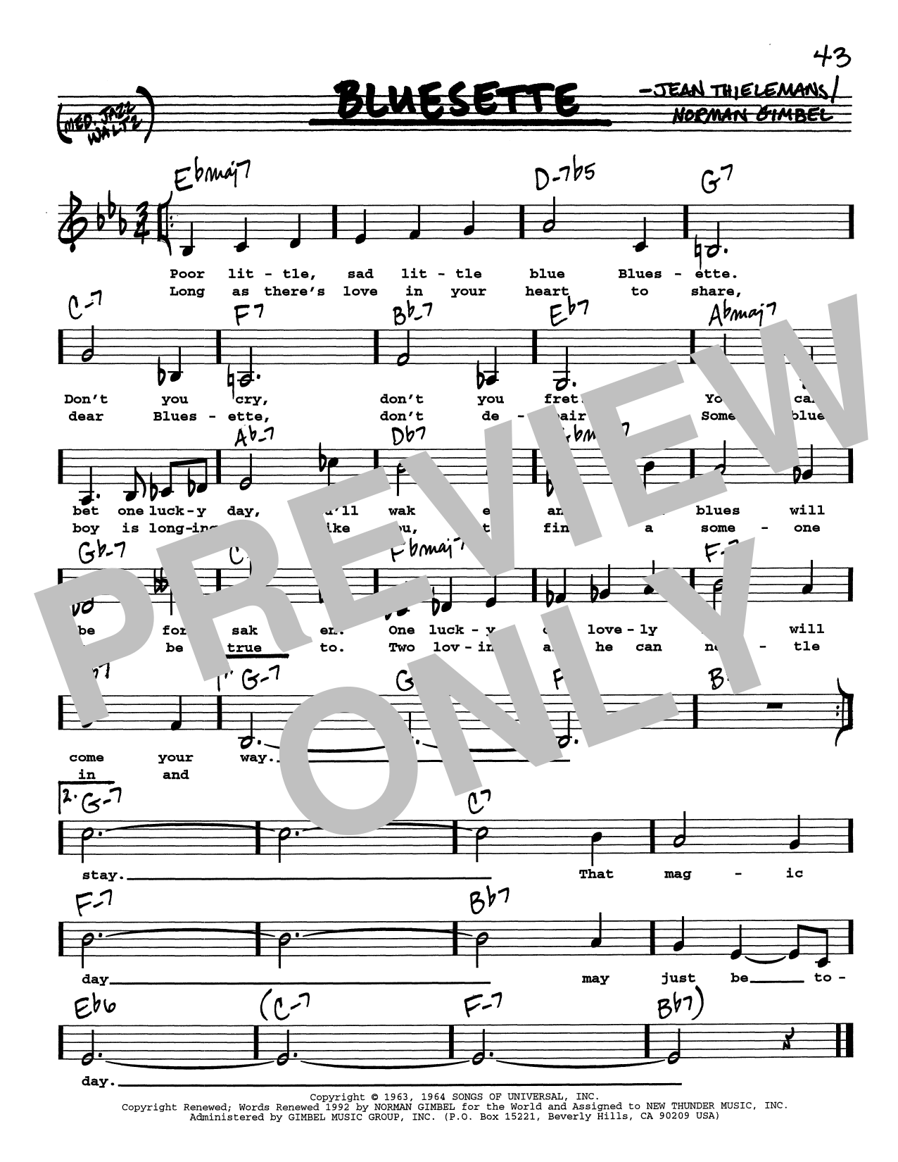 Toots Thielemans Bluesette (Low Voice) Sheet Music Notes & Chords for Real Book – Melody, Lyrics & Chords - Download or Print PDF