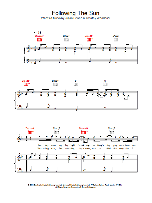 Toploader Following The Sun Sheet Music Notes & Chords for Piano, Vocal & Guitar - Download or Print PDF