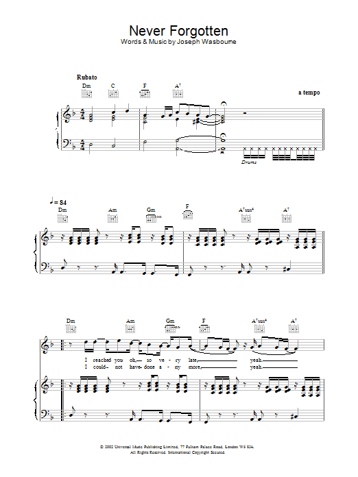 Toploader Never Forgotten Sheet Music Notes & Chords for Piano, Vocal & Guitar - Download or Print PDF