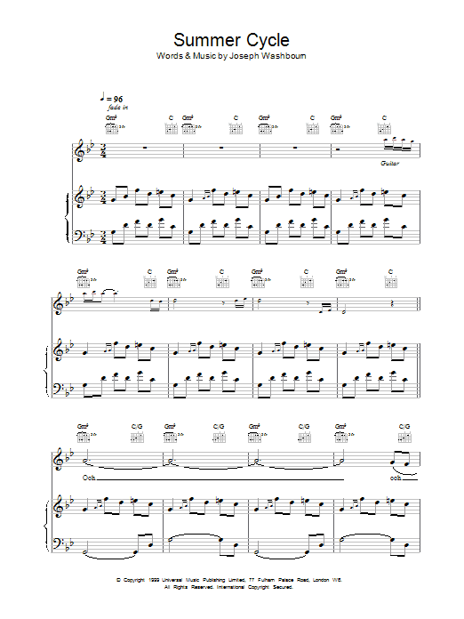 Toploader Summer Cycle Sheet Music Notes & Chords for Piano, Vocal & Guitar - Download or Print PDF