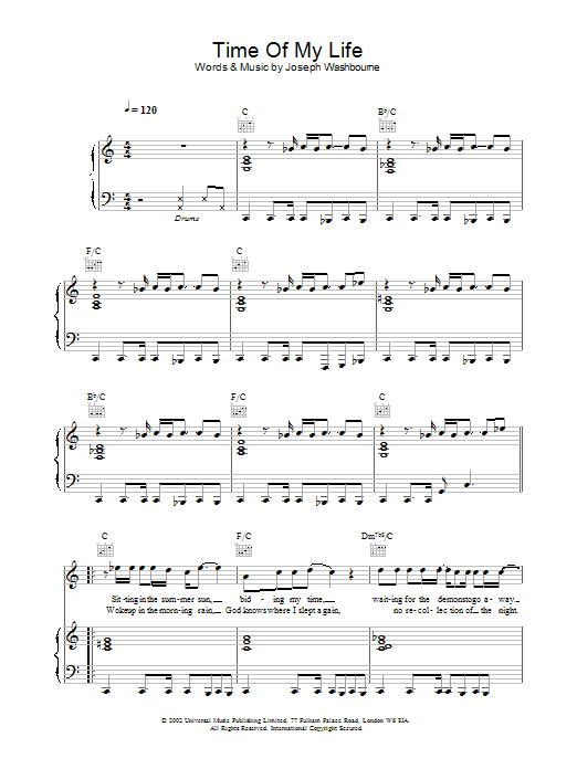 Toploader Time Of My Life Sheet Music Notes & Chords for Piano, Vocal & Guitar - Download or Print PDF