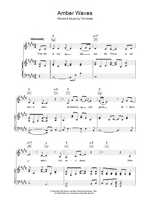 Tori Amos Amber Waves Sheet Music Notes & Chords for Piano, Vocal & Guitar - Download or Print PDF