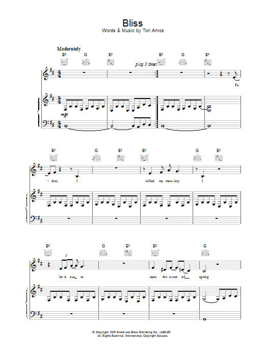 Tori Amos Bliss Sheet Music Notes & Chords for Piano, Vocal & Guitar (Right-Hand Melody) - Download or Print PDF