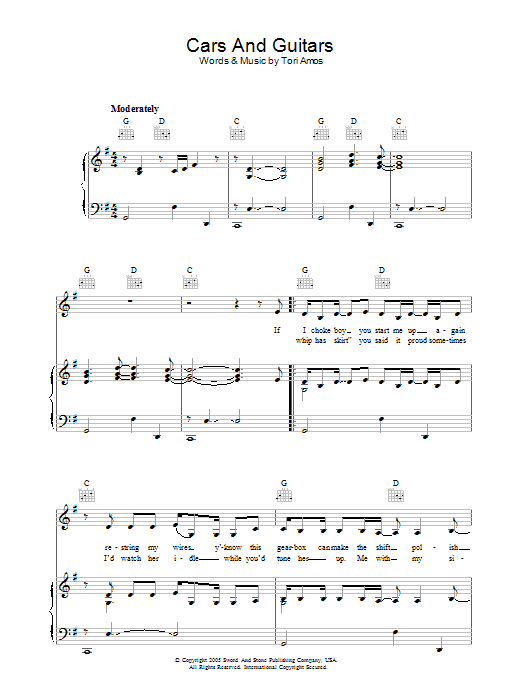 Tori Amos Cars And Guitars Sheet Music Notes & Chords for Piano, Vocal & Guitar (Right-Hand Melody) - Download or Print PDF