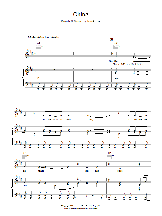 Tori Amos China Sheet Music Notes & Chords for Piano, Vocal & Guitar (Right-Hand Melody) - Download or Print PDF