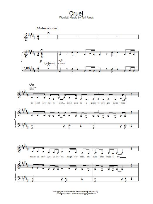 Tori Amos Cruel Sheet Music Notes & Chords for Piano, Vocal & Guitar (Right-Hand Melody) - Download or Print PDF Tori Amos Cruel Sheet Music Notes & Chords for Piano, Vocal & Guitar (Right-Hand Melody) - Download or Print PDF