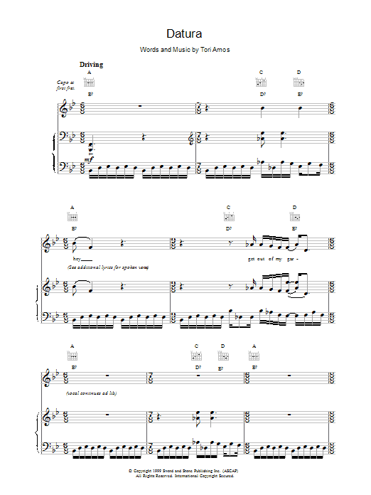 Tori Amos Datura Sheet Music Notes & Chords for Piano, Vocal & Guitar (Right-Hand Melody) - Download or Print PDF