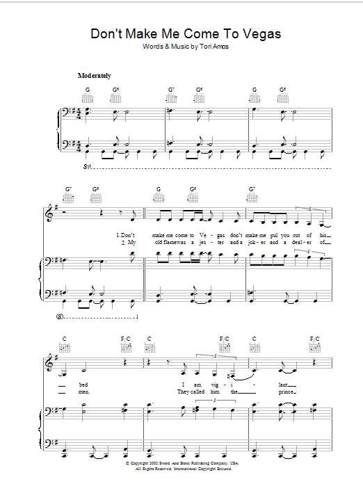 Tori Amos Don't Make Me Come To Vegas Sheet Music Notes & Chords for Piano, Vocal & Guitar (Right-Hand Melody) - Download or Print PDF