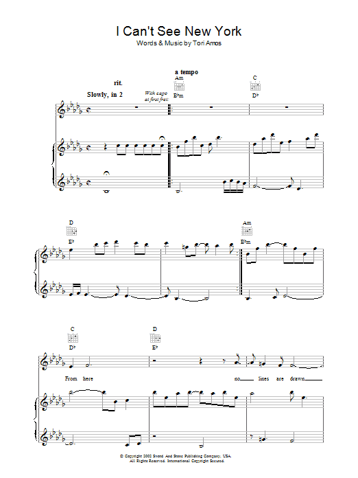 Tori Amos I Can't See New York Sheet Music Notes & Chords for Piano, Vocal & Guitar - Download or Print PDF