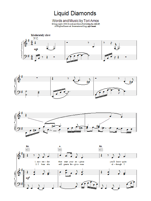 Tori Amos Liquid Diamonds Sheet Music Notes & Chords for Piano, Vocal & Guitar (Right-Hand Melody) - Download or Print PDF