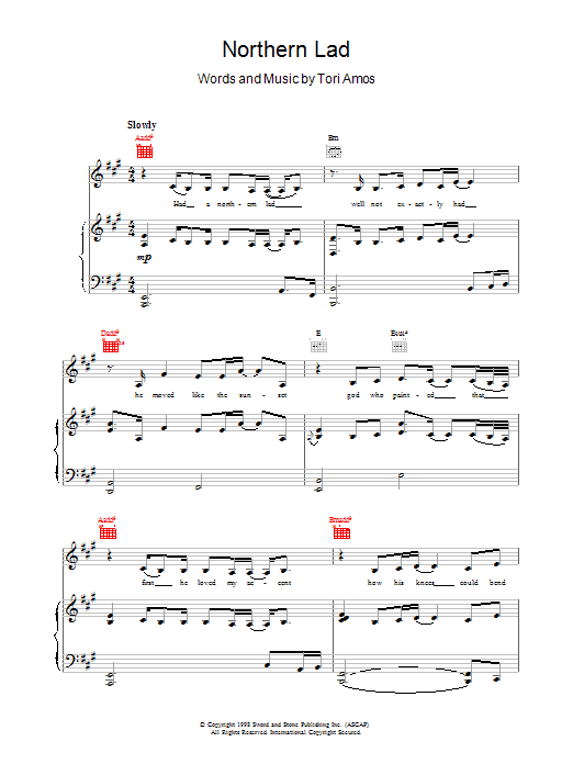 Tori Amos Northern Lad Sheet Music Notes & Chords for Piano, Vocal & Guitar (Right-Hand Melody) - Download or Print PDF