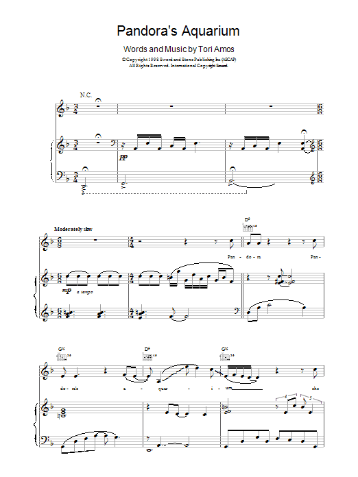 Tori Amos Pandora's Aquarium Sheet Music Notes & Chords for Piano, Vocal & Guitar (Right-Hand Melody) - Download or Print PDF