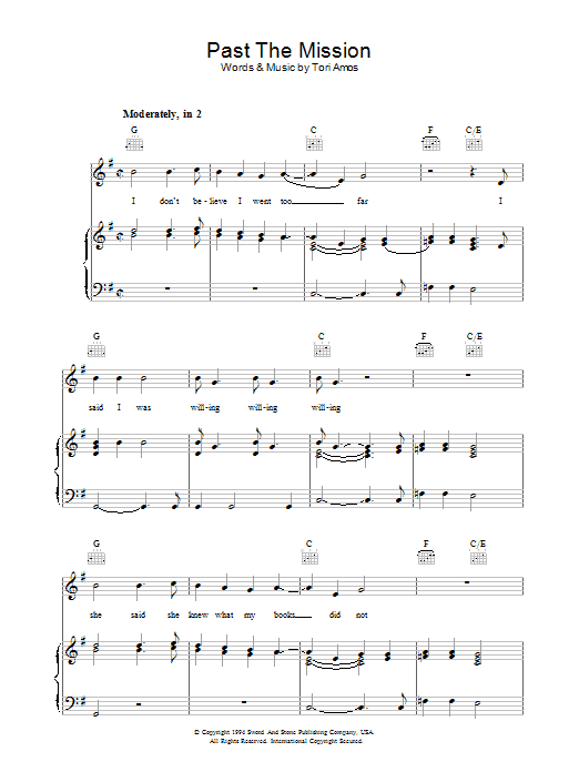 Tori Amos Past The Mission Sheet Music Notes & Chords for Piano, Vocal & Guitar (Right-Hand Melody) - Download or Print PDF