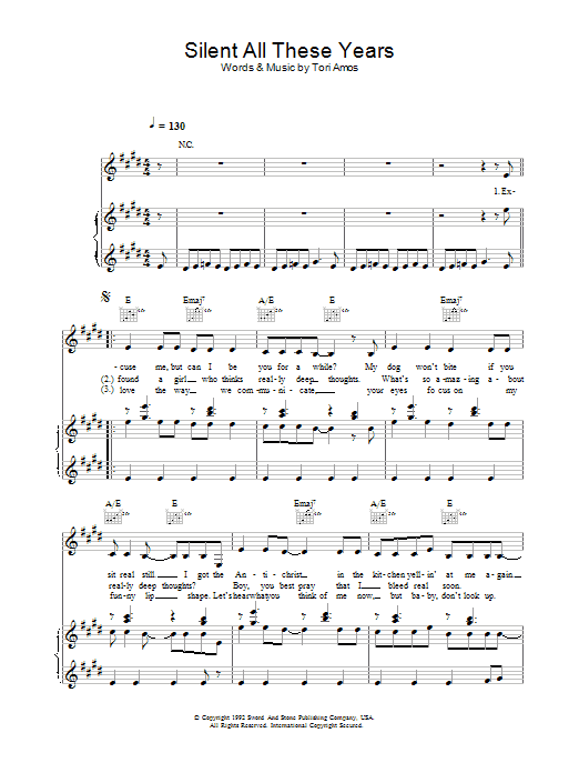 Tori Amos Silent All These Years Sheet Music Notes & Chords for Piano, Vocal & Guitar (Right-Hand Melody) - Download or Print PDF