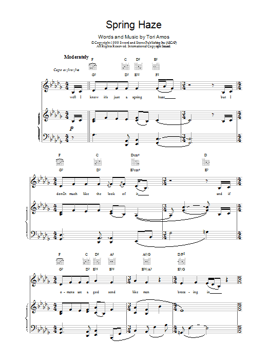 Tori Amos Spring Haze Sheet Music Notes & Chords for Piano, Vocal & Guitar (Right-Hand Melody) - Download or Print PDF