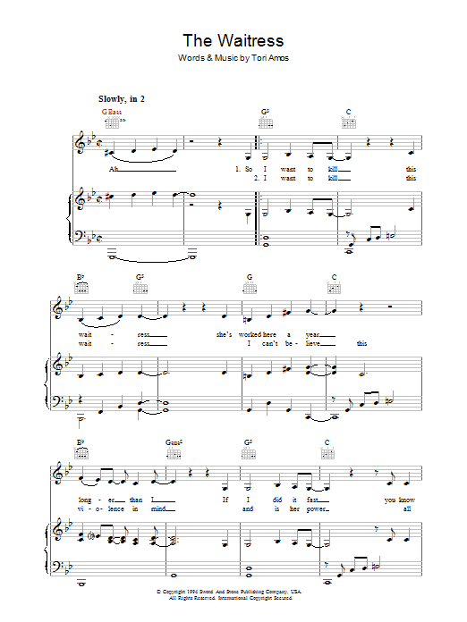 Tori Amos The Waitress Sheet Music Notes & Chords for Piano, Vocal & Guitar (Right-Hand Melody) - Download or Print PDF