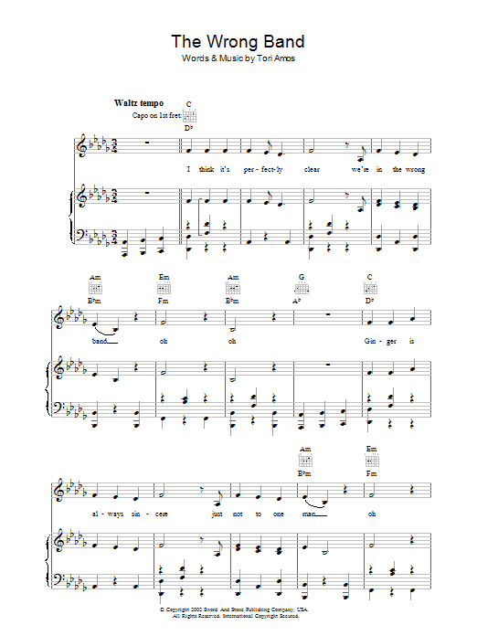 Tori Amos The Wrong Band Sheet Music Notes & Chords for Piano, Vocal & Guitar (Right-Hand Melody) - Download or Print PDF