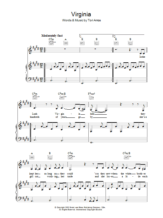 Tori Amos Virginia Sheet Music Notes & Chords for Piano, Vocal & Guitar - Download or Print PDF