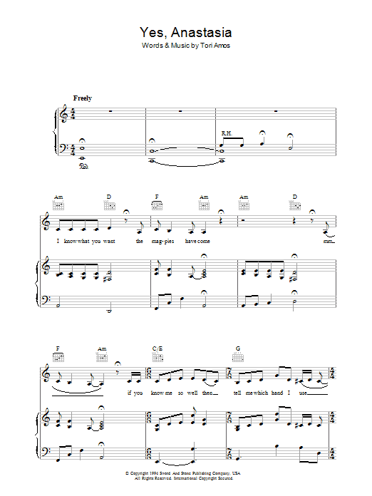 Tori Amos Yes, Anastasia Sheet Music Notes & Chords for Piano, Vocal & Guitar (Right-Hand Melody) - Download or Print PDF