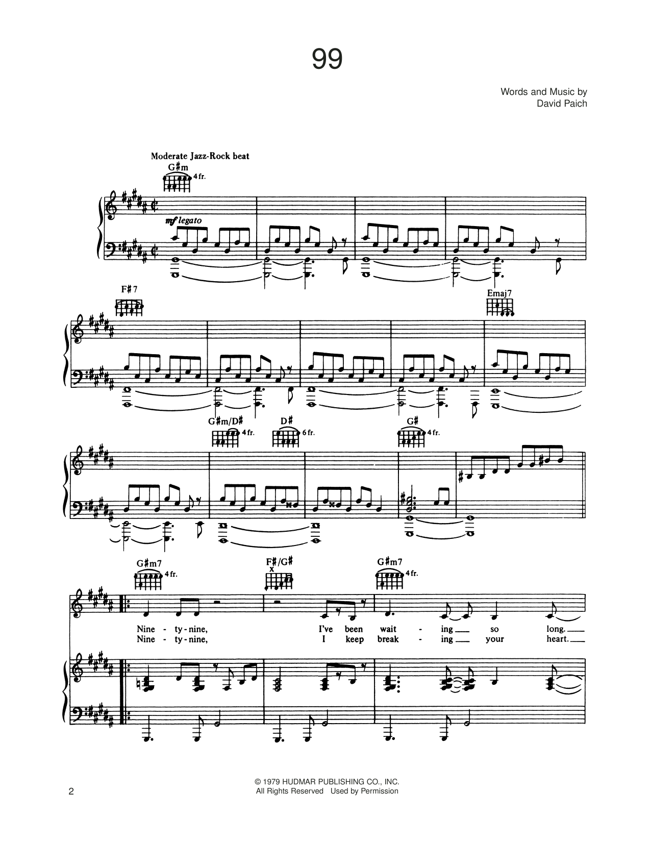 Toto 99 Sheet Music Notes & Chords for Piano, Vocal & Guitar Chords (Right-Hand Melody) - Download or Print PDF