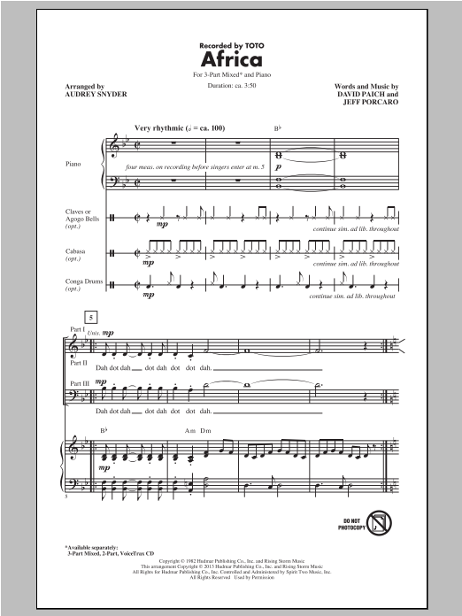 Toto Africa (arr. Audrey Snyder) Sheet Music Notes & Chords for 2-Part Choir - Download or Print PDF