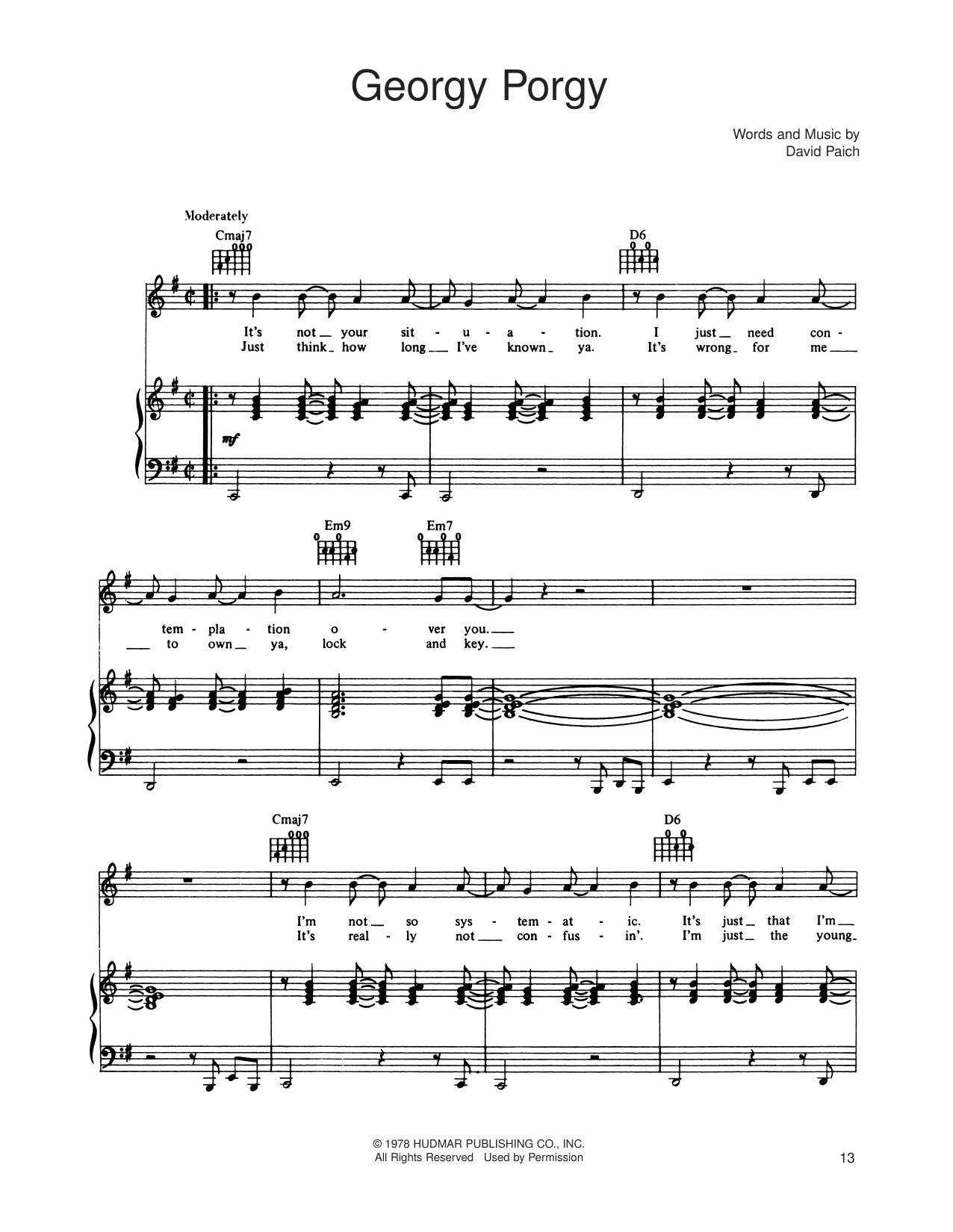 Toto Georgy Porgy Sheet Music Notes & Chords for Piano, Vocal & Guitar (Right-Hand Melody) - Download or Print PDF