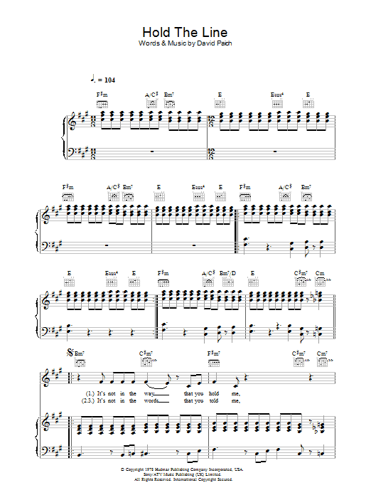 Toto Hold The Line Sheet Music Notes & Chords for Guitar Chords/Lyrics - Download or Print PDF