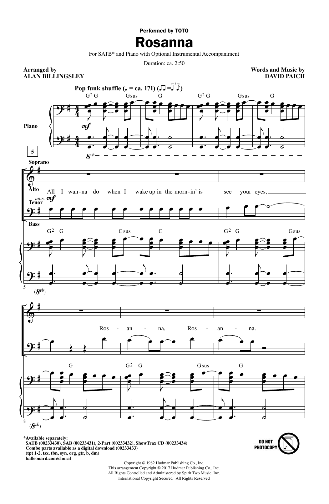 Toto Rosanna (arr. Alan Billingsley) Sheet Music Notes & Chords for SATB - Download or Print PDF