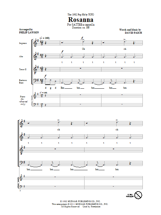 Toto Rosanna (arr. David Lawson) Sheet Music Notes & Chords for SATB - Download or Print PDF