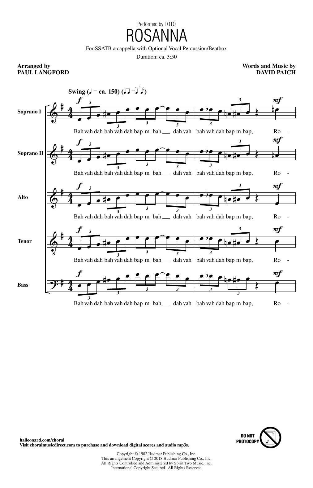 Toto Rosanna (arr. Paul Langford) Sheet Music Notes & Chords for SATB - Download or Print PDF