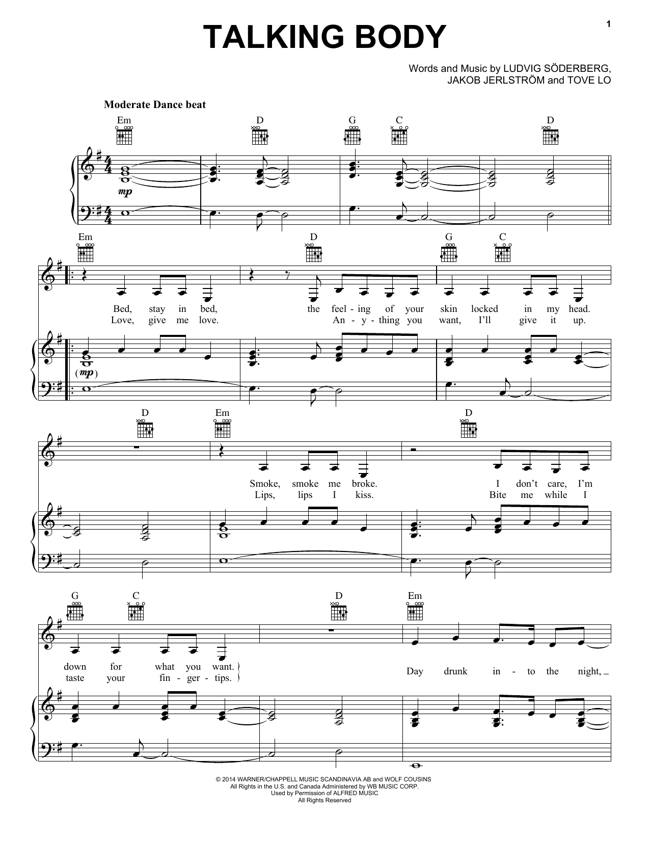 Tove Lo Talking Body Sheet Music Notes & Chords for Piano, Vocal & Guitar (Right-Hand Melody) - Download or Print PDF