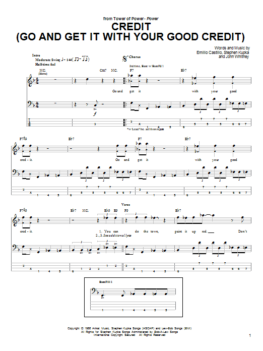 Tower Of Power Credit (Go And Get It With Your Good Credit) Sheet Music Notes & Chords for Bass Guitar Tab - Download or Print PDF
