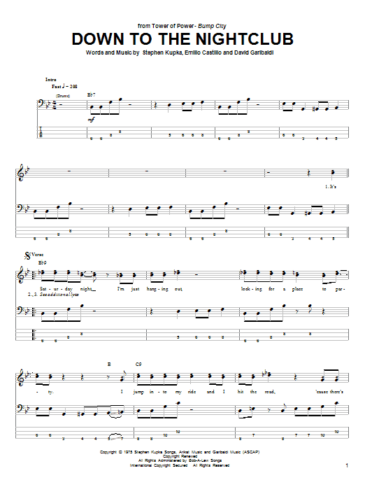 Tower Of Power Down To The Nightclub Sheet Music Notes & Chords for Bass Guitar Tab - Download or Print PDF