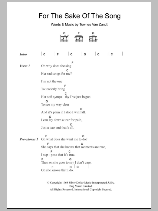 Townes Van Zandt For The Sake Of The Song Sheet Music Notes & Chords for Lyrics & Chords - Download or Print PDF