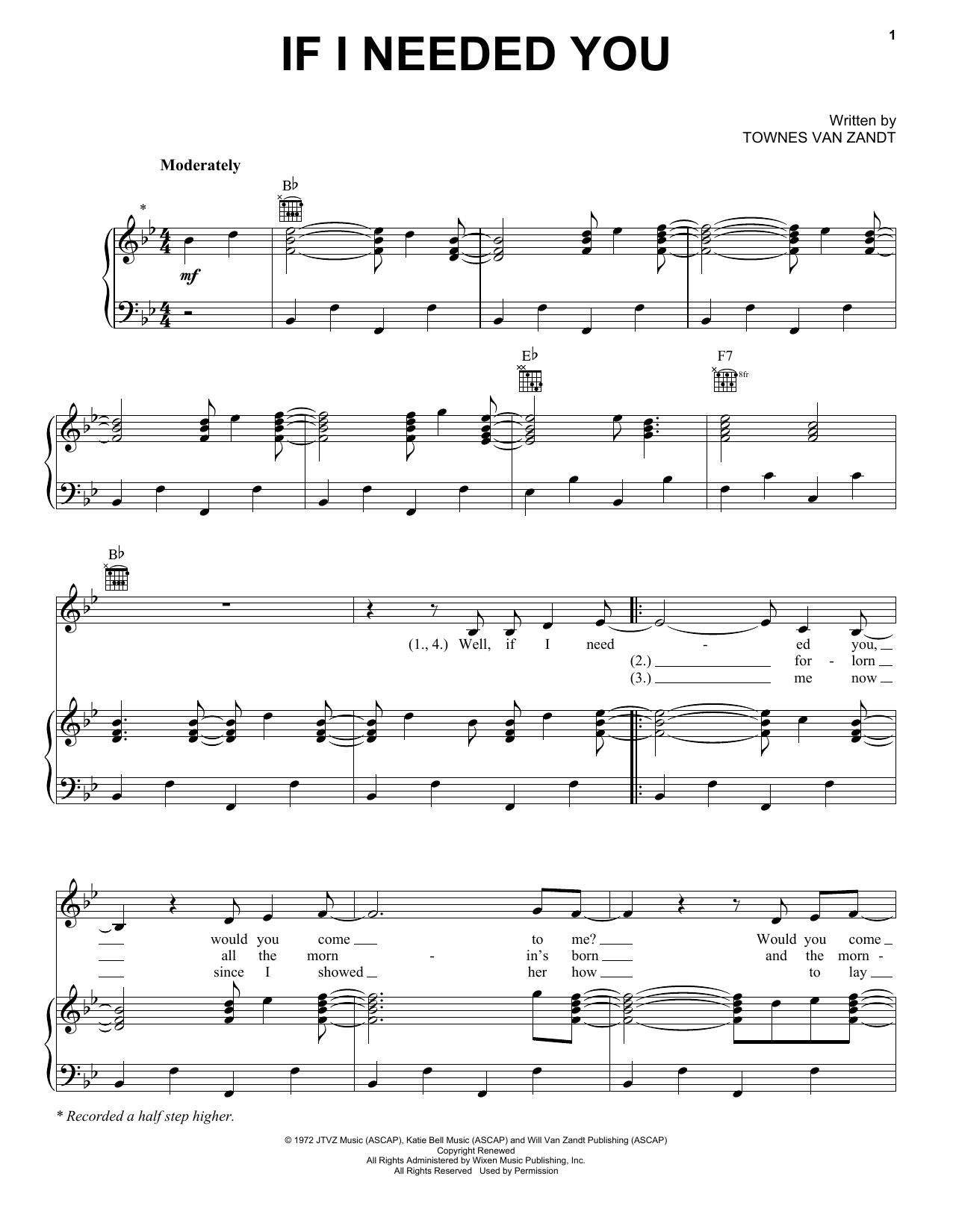 Townes Van Zandt If I Needed You Sheet Music Notes & Chords for Piano, Vocal & Guitar (Right-Hand Melody) - Download or Print PDF