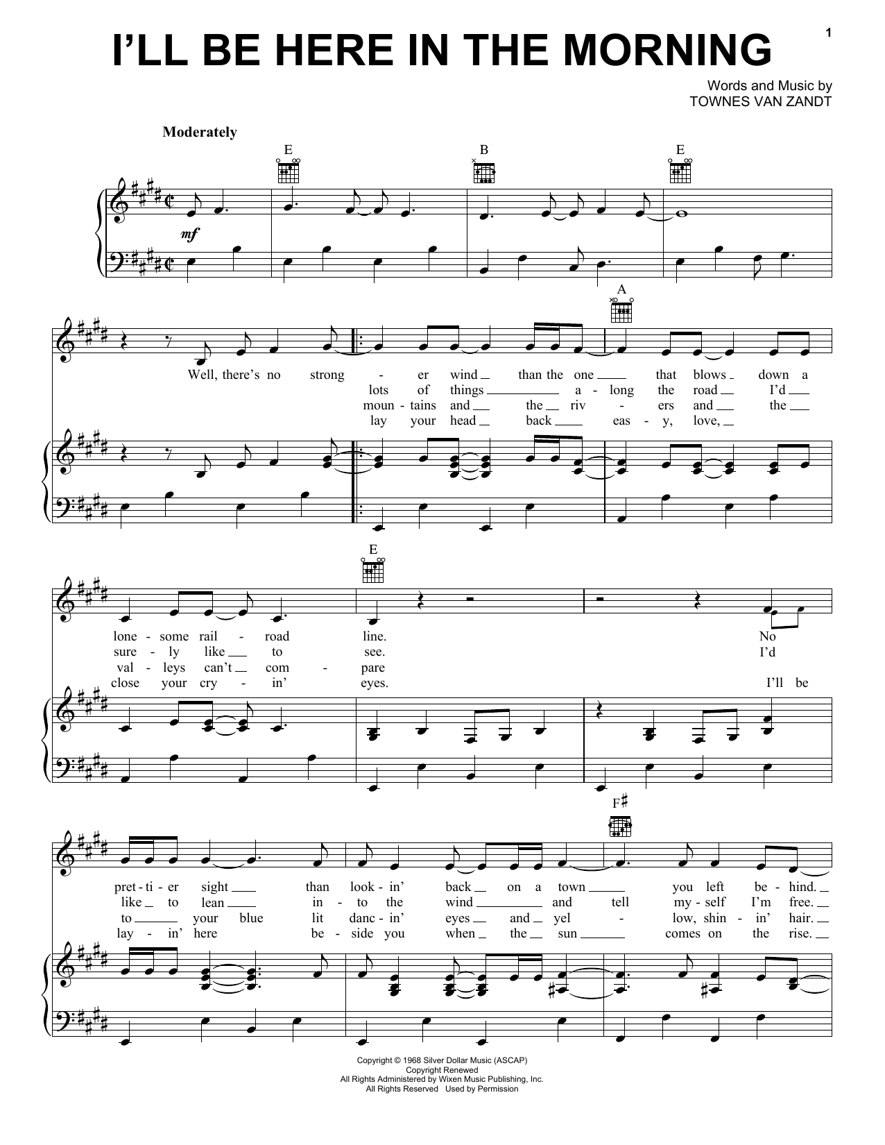 Townes Van Zandt I'll Be Here In The Morning Sheet Music Notes & Chords for Piano, Vocal & Guitar (Right-Hand Melody) - Download or Print PDF