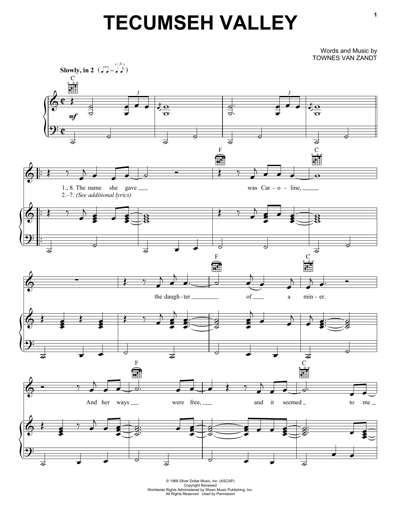 Townes Van Zandt Tecumseh Valley Sheet Music Notes & Chords for Piano, Vocal & Guitar (Right-Hand Melody) - Download or Print PDF