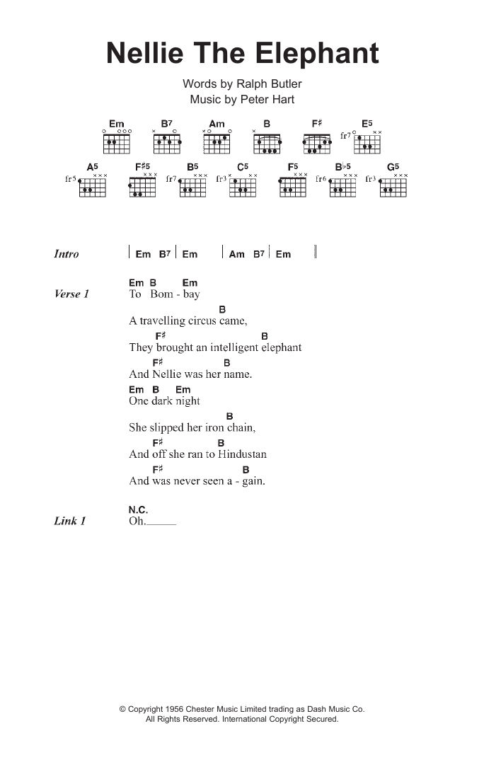 Toy Dolls Nellie The Elephant Sheet Music Notes & Chords for Lyrics & Chords - Download or Print PDF