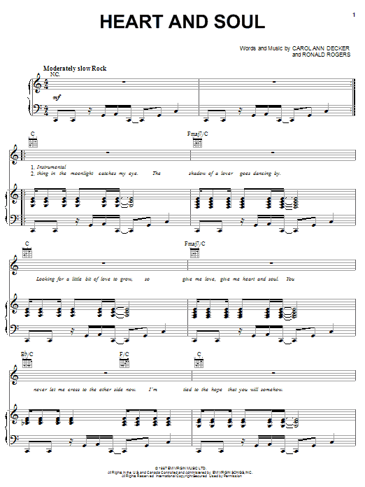 T'Pau Heart And Soul Sheet Music Notes & Chords for Piano, Vocal & Guitar (Right-Hand Melody) - Download or Print PDF