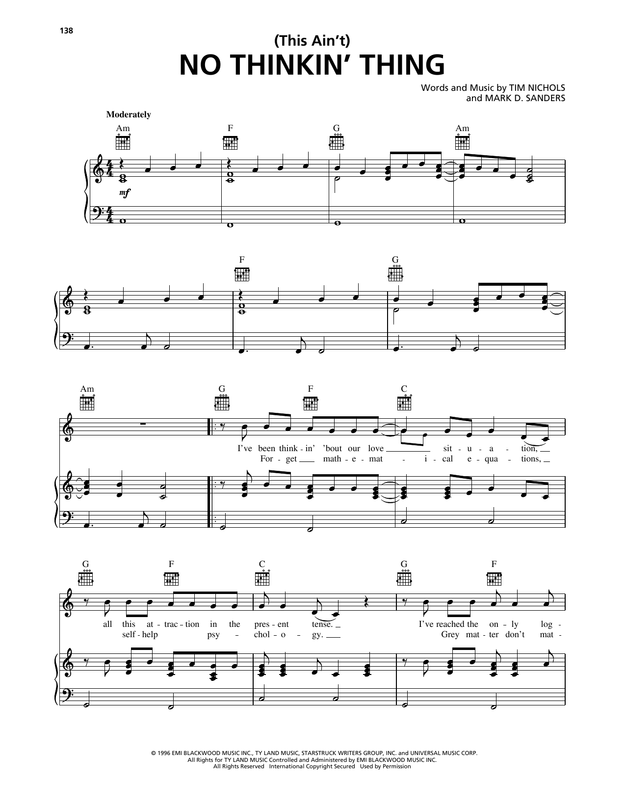 Trace Adkins (This Ain't) No Thinkin' Thing Sheet Music Notes & Chords for Piano, Vocal & Guitar Chords (Right-Hand Melody) - Download or Print PDF