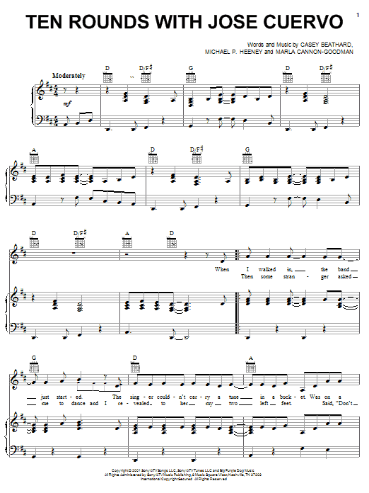 Tracy Byrd Ten Rounds With Jose Cuervo Sheet Music Notes & Chords for Piano, Vocal & Guitar (Right-Hand Melody) - Download or Print PDF