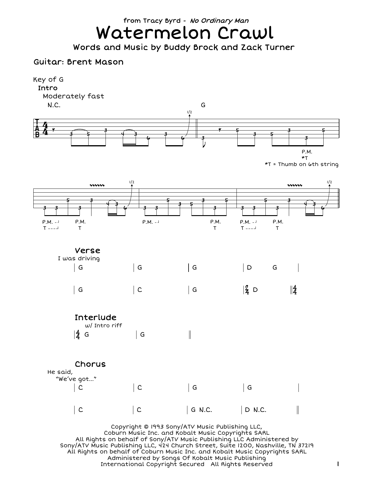 Tracy Byrd Watermelon Crawl Sheet Music Notes & Chords for Guitar Tab - Download or Print PDF
