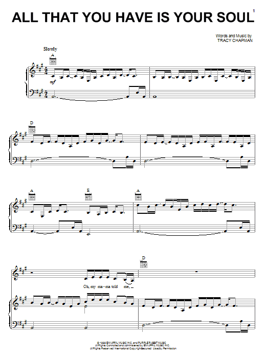 Tracy Chapman All That You Have Is Your Soul Sheet Music Notes & Chords for Piano, Vocal & Guitar (Right-Hand Melody) - Download or Print PDF