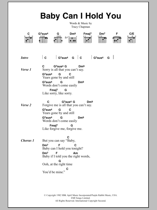 Tracy Chapman Baby Can I Hold You Sheet Music Notes & Chords for Guitar Chords/Lyrics - Download or Print PDF